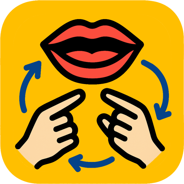 Sign Together logo, showing a yellow background square with lips opened as if speaking, plus two hands gesturing in a circular motion (portrayed with arrow symbols) with pointers extended, showing the ASL sign for "sign"